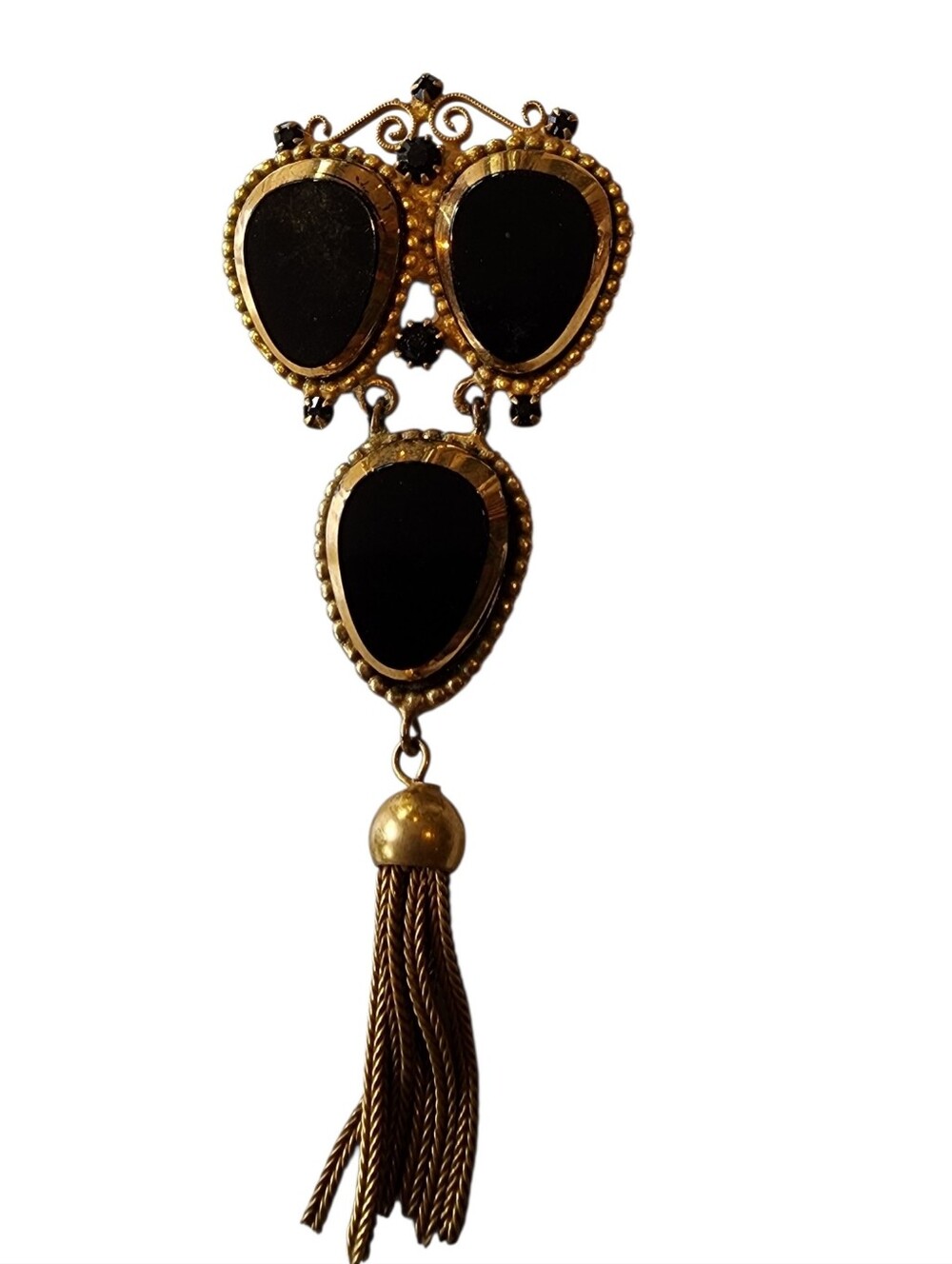 Vintage Signed Original By Robert Rare Triple Black Glass Teardrop Tassel Brooch